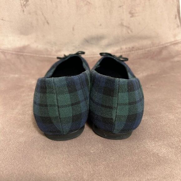 J. Crew Tartan Plaid Ballet Flats Womens 6 Point Toe Bow Navy Blue Green - Picture 4 of 8